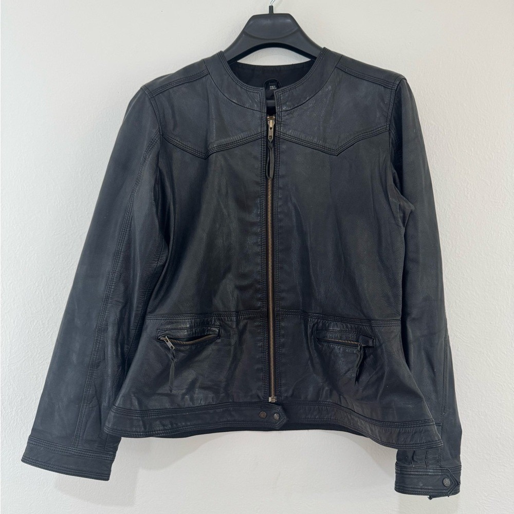 STS Ranchwear Black Leather Western Moto Jacket 2XL Full Zip Collarless (1196)
